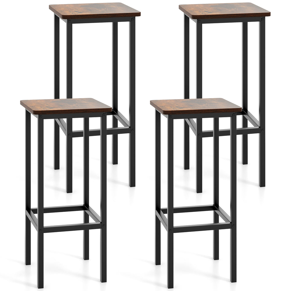 Set of 4 rustic brown bar stools with metal legs, featuring ergonomic footrests for comfort and stability.