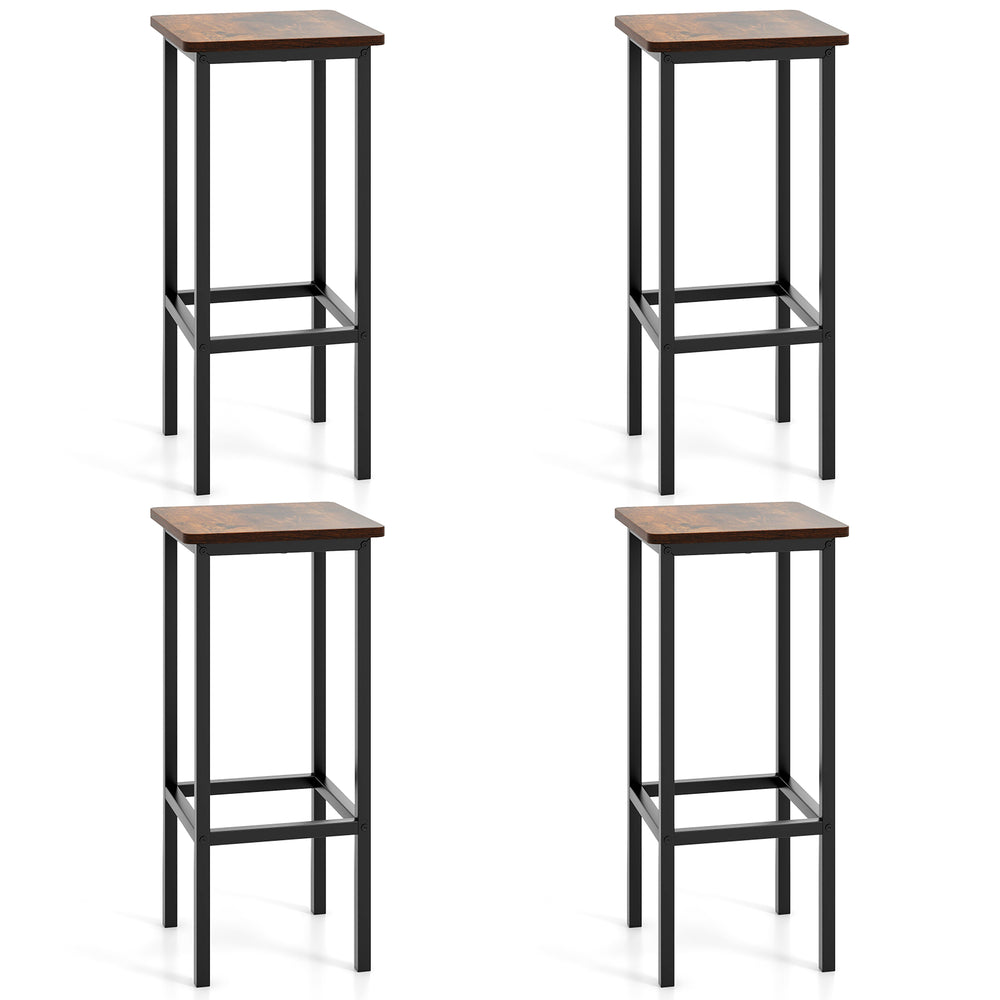 Set of 4 rustic brown bar stools with metal legs, 26-inch height, ideal for pub or kitchen use.