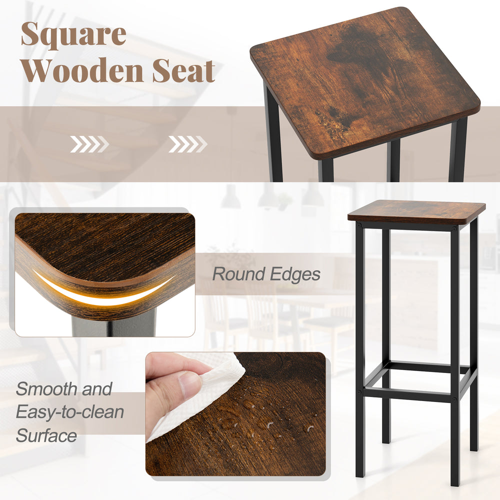 Square wooden seat bar stool with rustproof metal legs, ergonomic footrest, and smooth surface for easy cleaning.