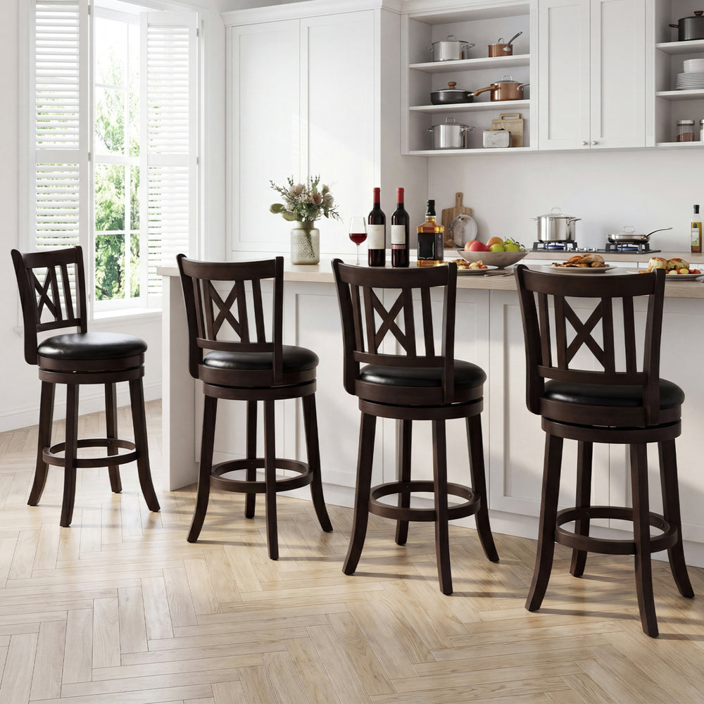 Set of 4 swivel bar stools with hollowed backrest and footrest, featuring breathable leathaire upholstery for comfort.