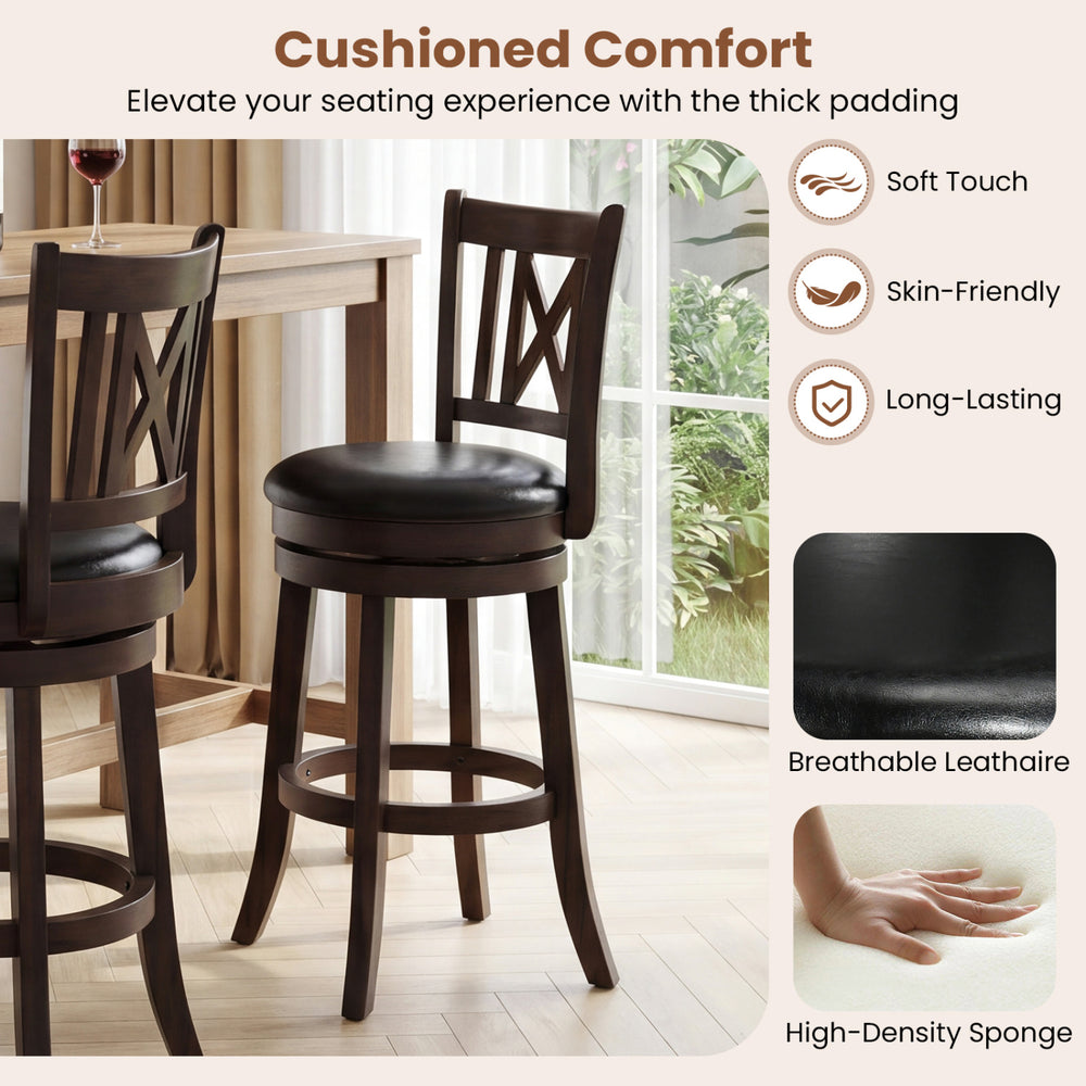Set of 4 swivel bar stools with breathable leathaire upholstery and thick padding for comfortable seating in any space.