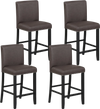 Set of 4 brown bar stools with backrest, padded seat, and protective non-slip pads for kitchen or dining use.