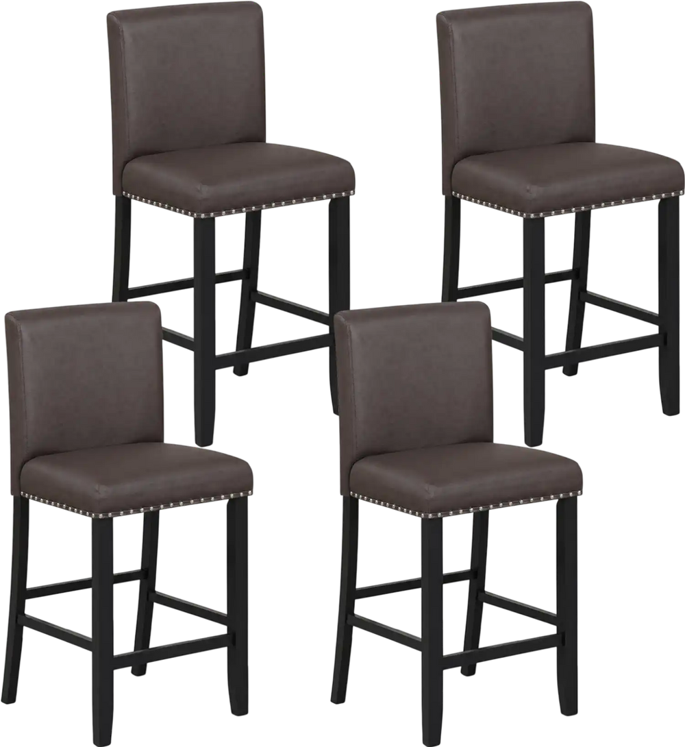 Set of 4 brown bar stools with backrest, padded seat, and protective non-slip pads for kitchen or dining use.