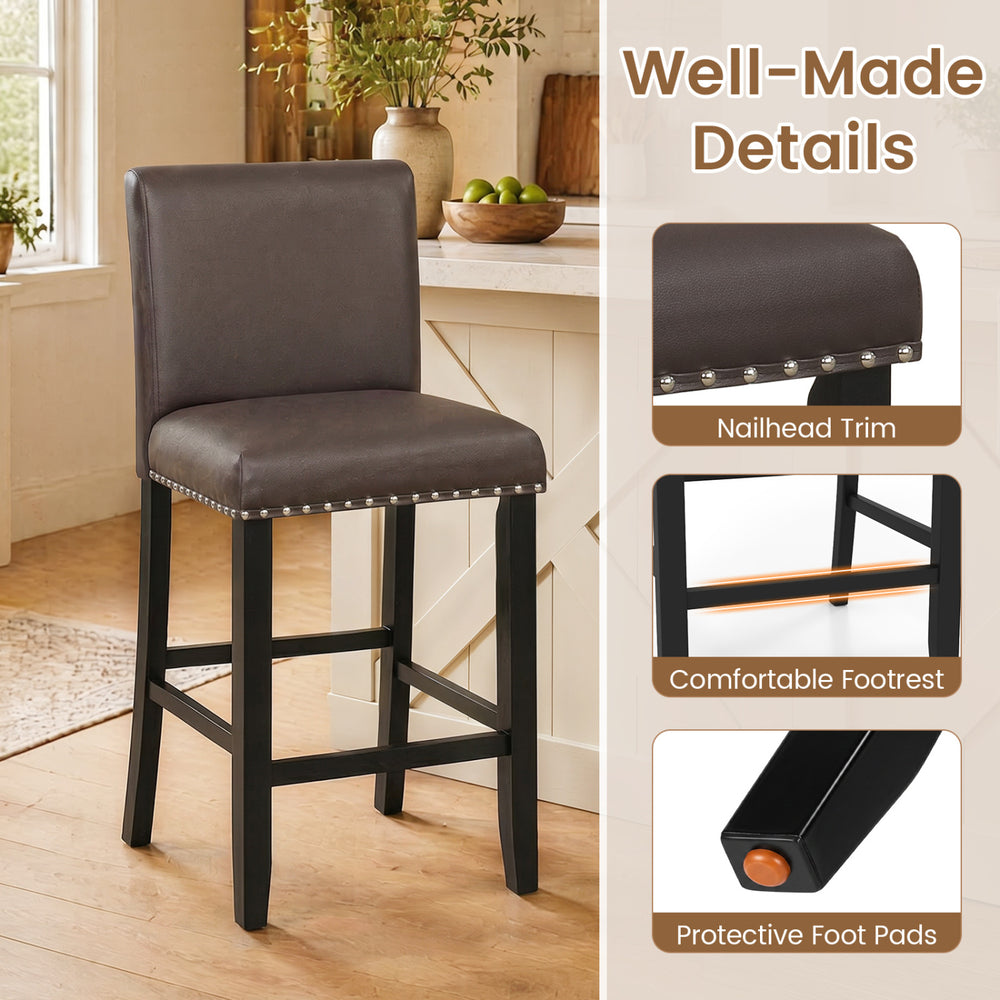 Brown bar stool with backrest, padded seat, and rivet design, ideal for kitchen islands and dining areas.