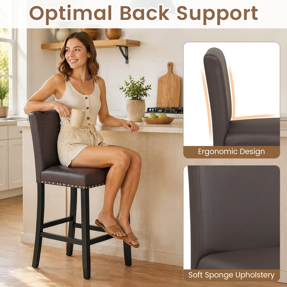 Brown bar stool with backrest, padded seat, and rivet design, perfect for kitchen islands and dining areas.