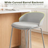 Counter height bar stool with a curved backrest, gray polyester cushion, and sturdy metal frame for kitchen dining.