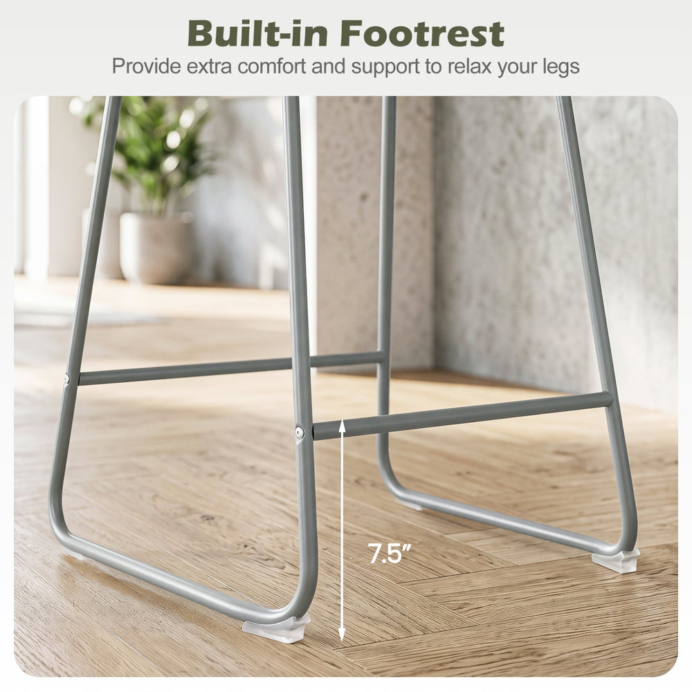 Counter height bar stool with a 7.5" built-in footrest, gray metal frame, and curved backrest for kitchen dining comfort.