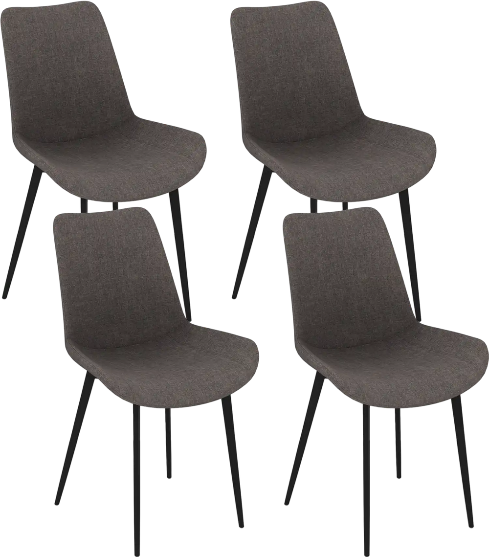 Set of 4 gray dining chairs with upholstered seats and metal legs, featuring ergonomic backrests for comfort.