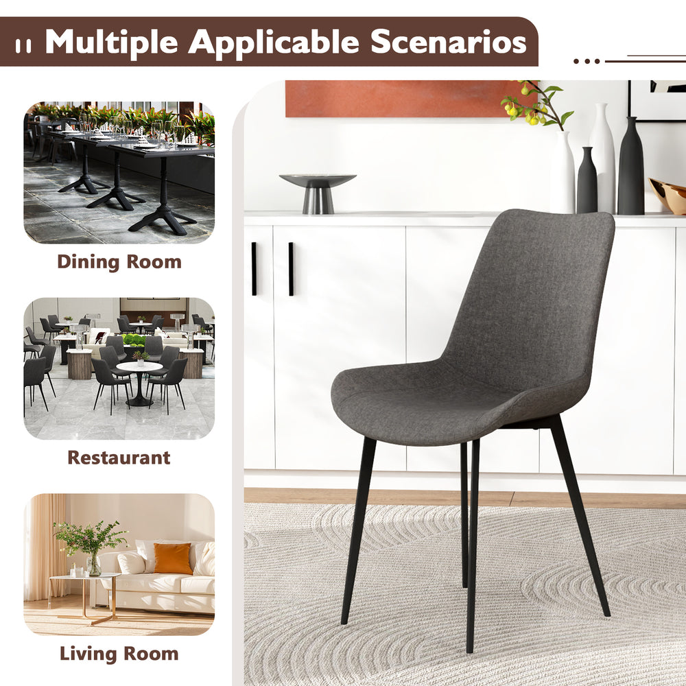 Gray upholstered dining chair with metal legs, ergonomic backrest, and padded seat for comfort in various settings.