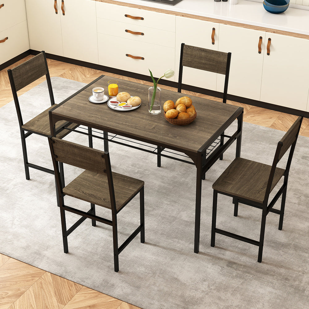 Set of 4 gray dining chairs with metal legs and slanted backrest, ideal for a rustic dining space.