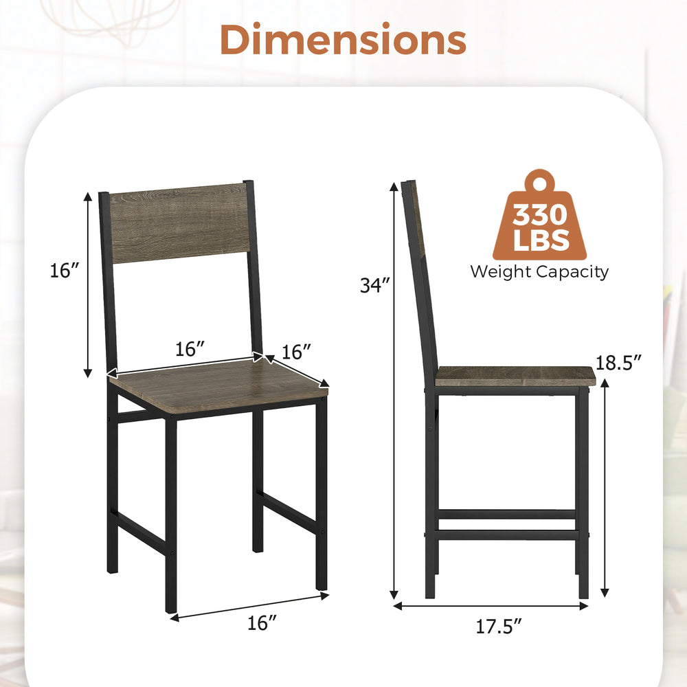 Dimensions of gray dining chair with slanted back, metal legs, and 330 lbs weight capacity for stable seating.