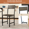 Dining chair with slanted backrest in gray, featuring metal legs and simulated wood grain for rustic style and comfort.