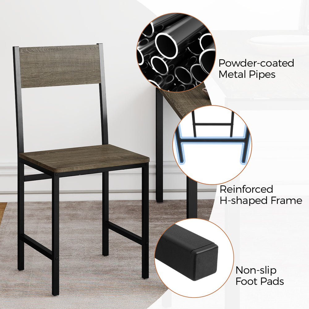 Gray dining chair with slanted back, powder-coated metal legs, and non-slip foot pads for stable and stylish seating.