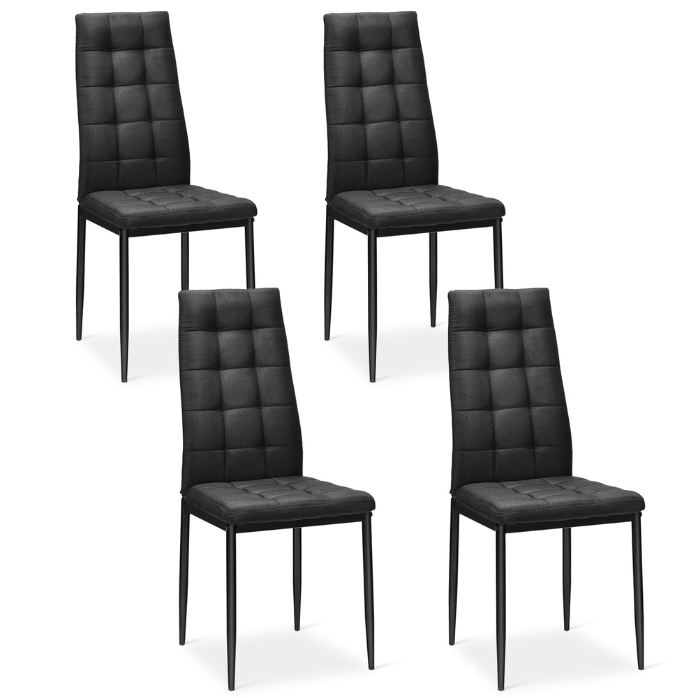 Set of 4 high back fabric dining chairs with upholstered cushions and sleek powder-coated legs for versatile decor.
