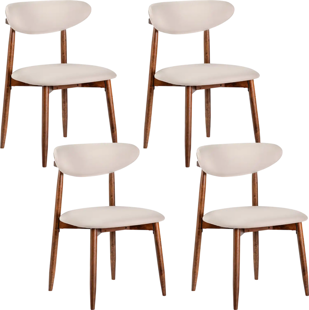 Set of 4 beige fabric upholstered dining chairs with curved backs, featuring solid rubber wood legs for durability.