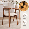 Beige fabric upholstered dining chair with curved back, made of solid rubber wood for durability and modern farmhouse style.