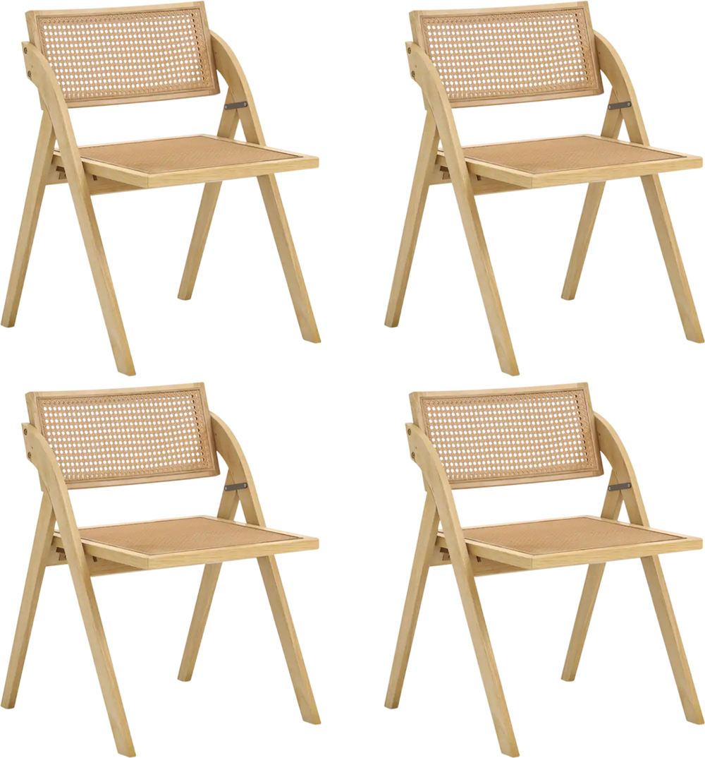 Set of 4 foldable dining chairs with a woven rattan backrest and sturdy rubber wood frame for convenient storage.