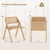 Foldable dining chair set with woven rattan backrest, sturdy rubber wood frame, and dimensions for easy storage.