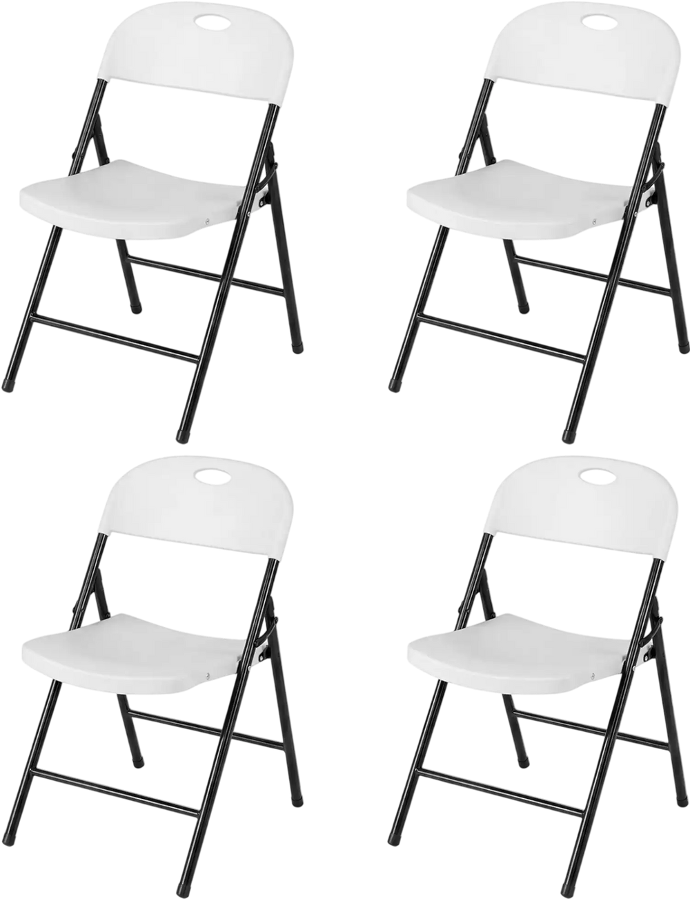 Set of 4 foldable white plastic chairs with ergonomic backrest, ideal for events, dining, and easy storage.
