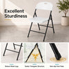 Foldable white plastic chair with ergonomic backrest, robust metal legs, and non-slip foot pads for versatile use.