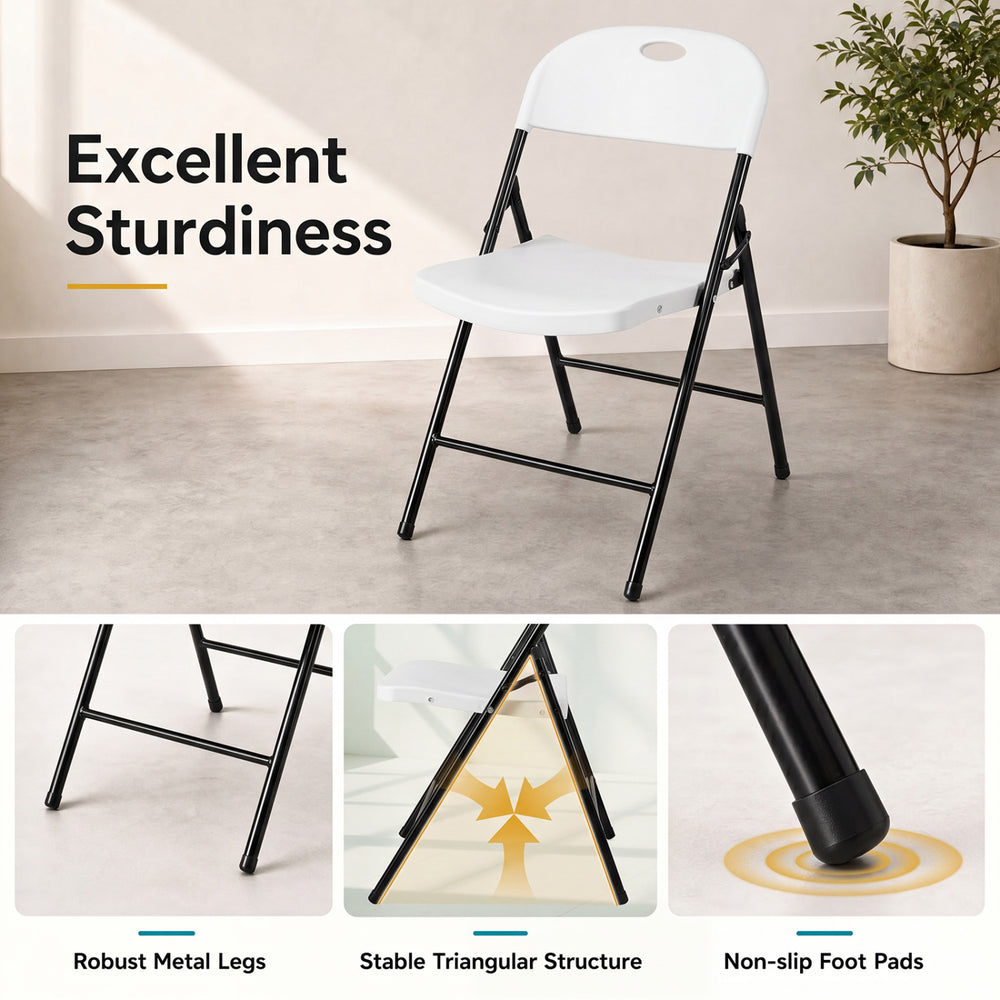 Foldable white plastic chair with ergonomic backrest, robust metal legs, and non-slip foot pads for versatile use.