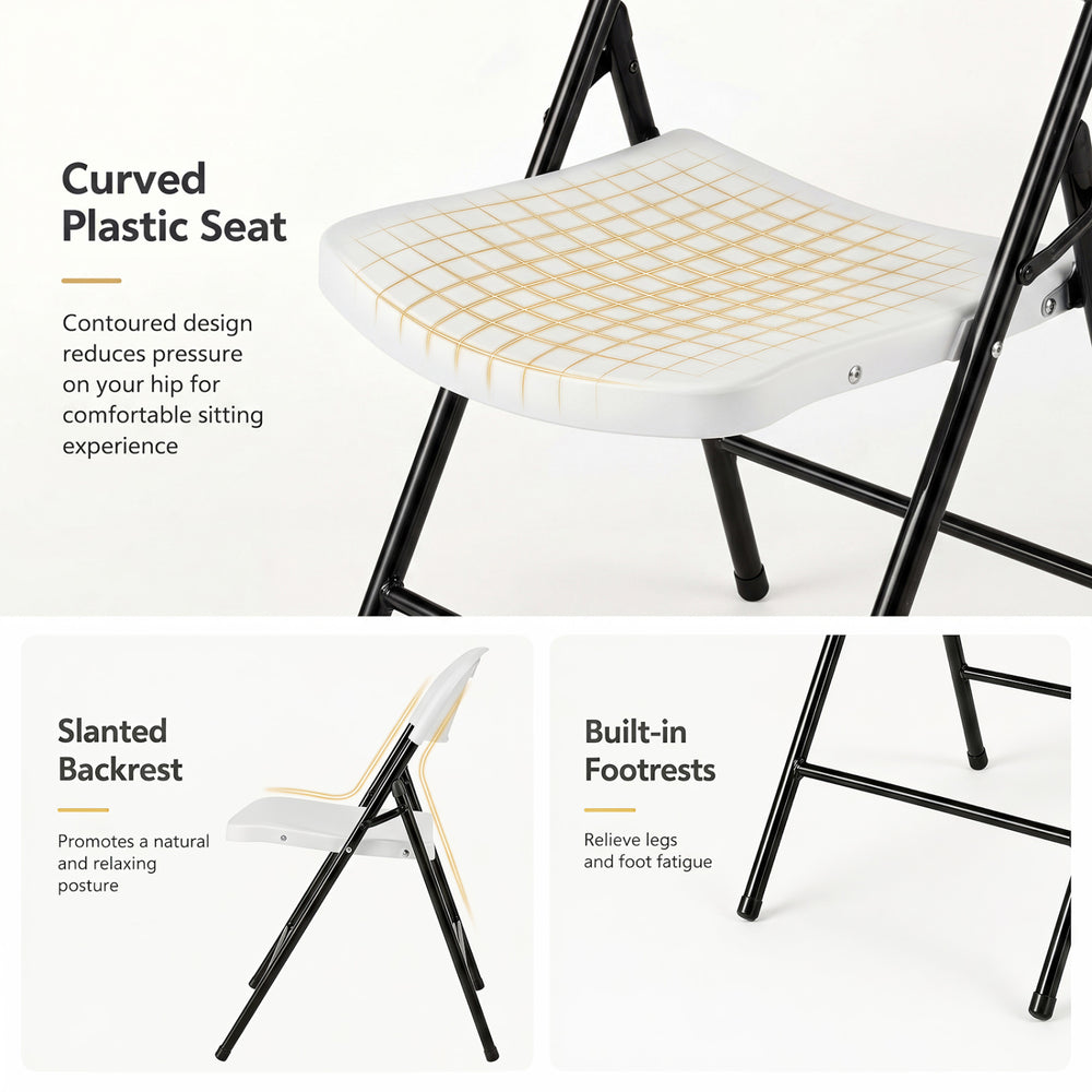 Curved white plastic seat with slanted backrest and built-in footrests for comfortable dining and easy storage.