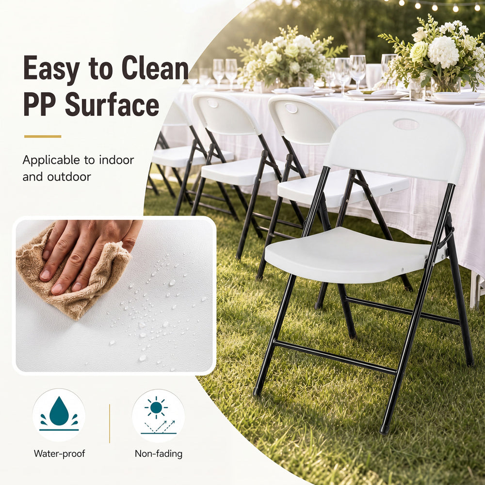 Foldable white plastic chair with ergonomic backrest and easy-to-clean PP surface, perfect for events and dining.