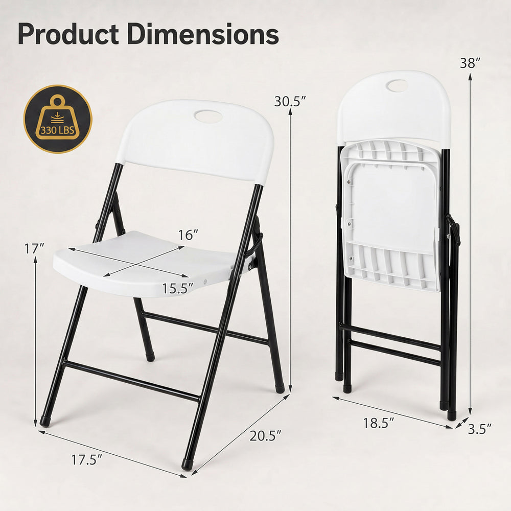 Foldable plastic chair with ergonomic backrest, sturdy metal legs, and a space-saving design for easy transport and storage.