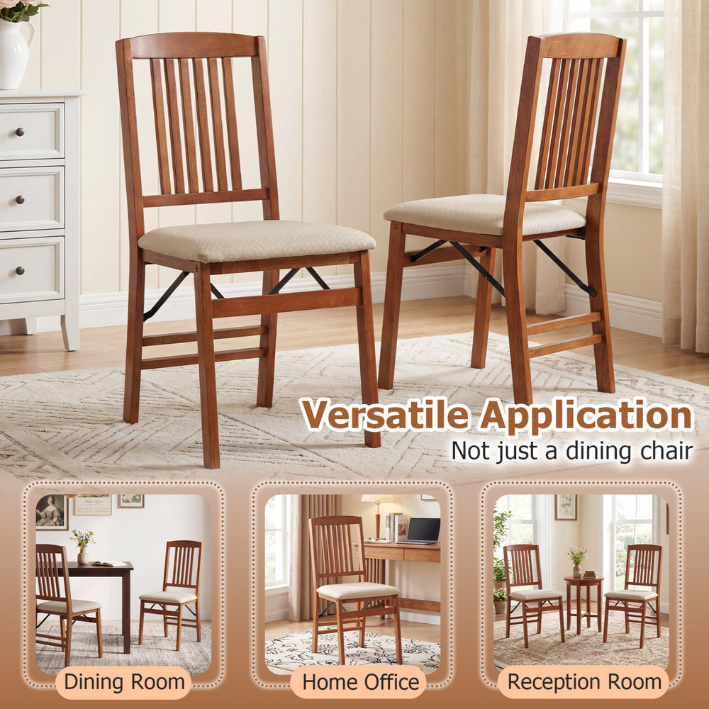 Set of 4 foldable kitchen chairs with padded beige seats, ideal for dining, home office, or reception use.
