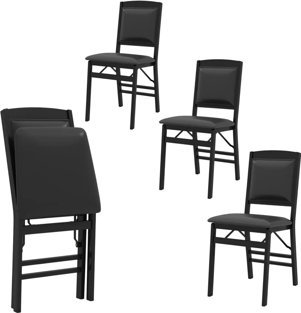 Set of 4 black folding dining chairs with padded seats and high backrests, ideal for space-saving and comfort.