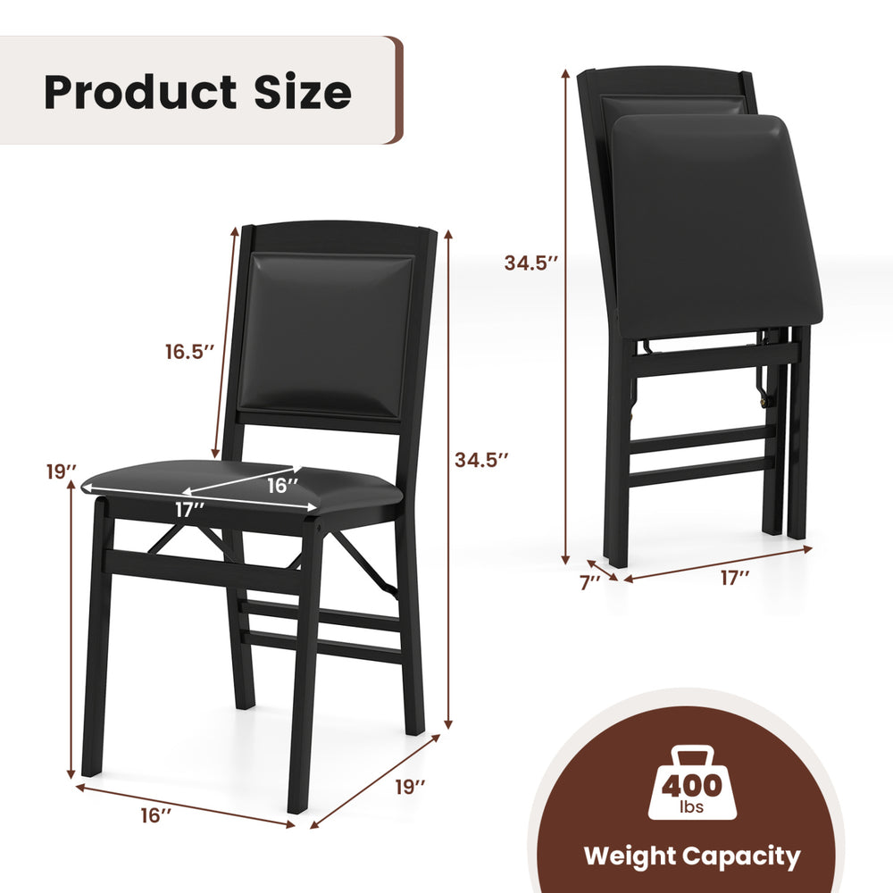 Folding dining chair with padded seat and high backrest, black, featuring a sturdy design and 400 lbs weight capacity.