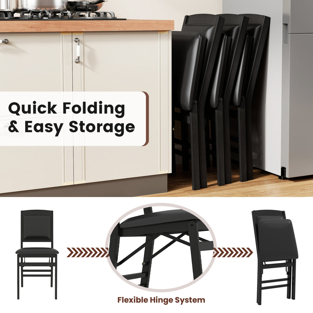 Set of 4 black folding dining chairs with padded seats, high backrests, and flexible hinge system for easy storage.