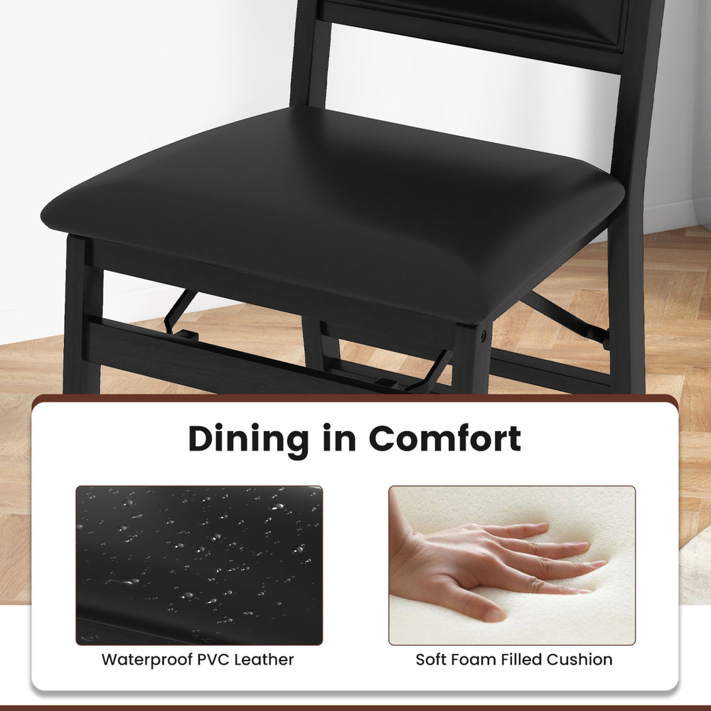 Folding dining chair with padded seat in black, featuring waterproof PVC leather and soft foam cushion for comfort.