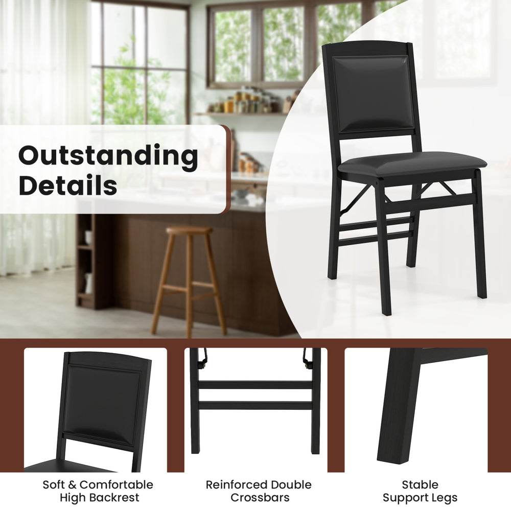 Black folding dining chair with padded seat and high backrest, featuring reinforced crossbars for stability and comfort.