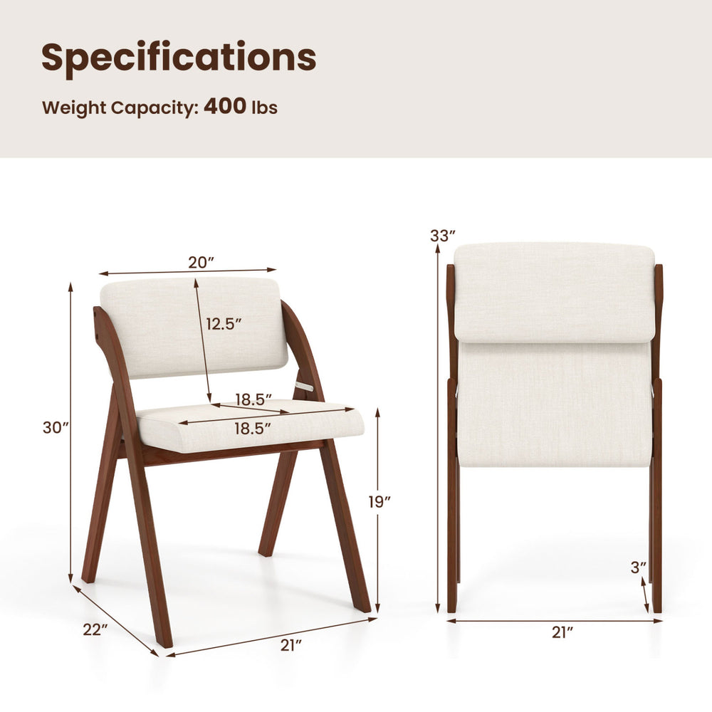 Folding kitchen dining chair set with rubber wood legs in walnut finish, showcasing dimensions and weight capacity of.