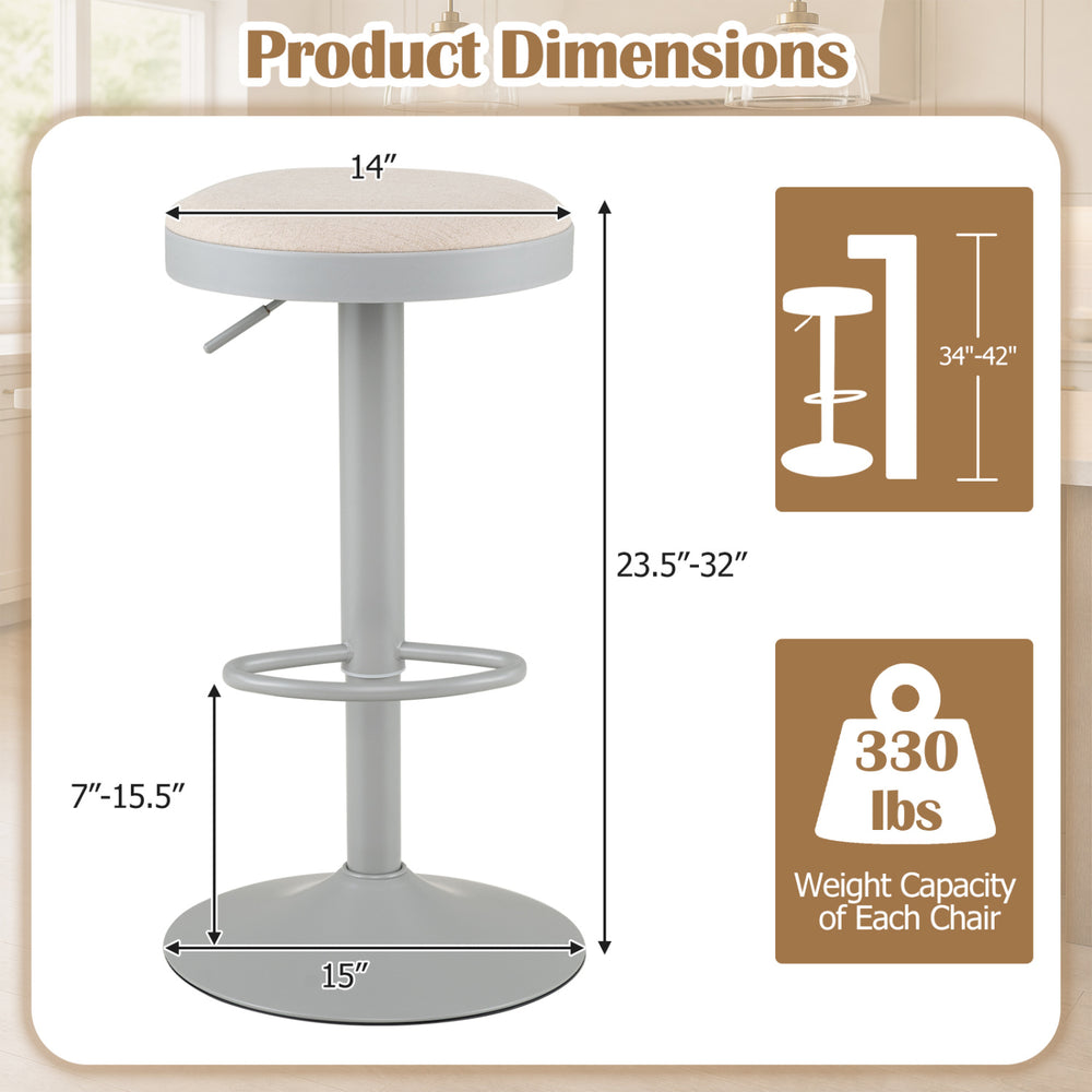 Height-adjustable gray kitchen bar stool with padded seat, D-shaped footrest, and smooth 360° swivel for comfort.