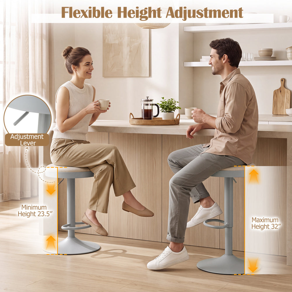 Single gray kitchen bar stool featuring height adjustment from 23.5" to 32" and a comfortable D-shaped footrest.