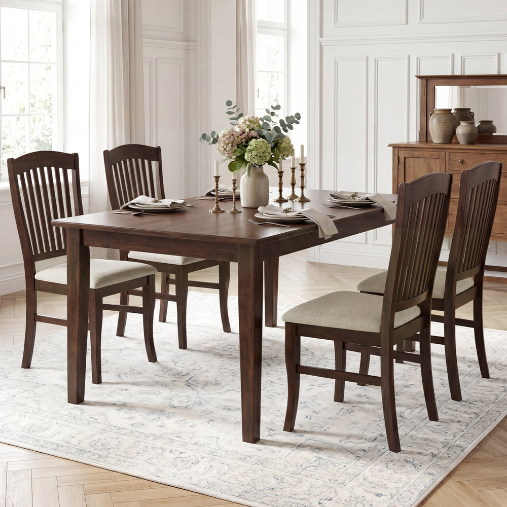 Set of 4 brown kitchen side chairs with rubber wood frame and comfy padded seats, ideal for dining or living room use.