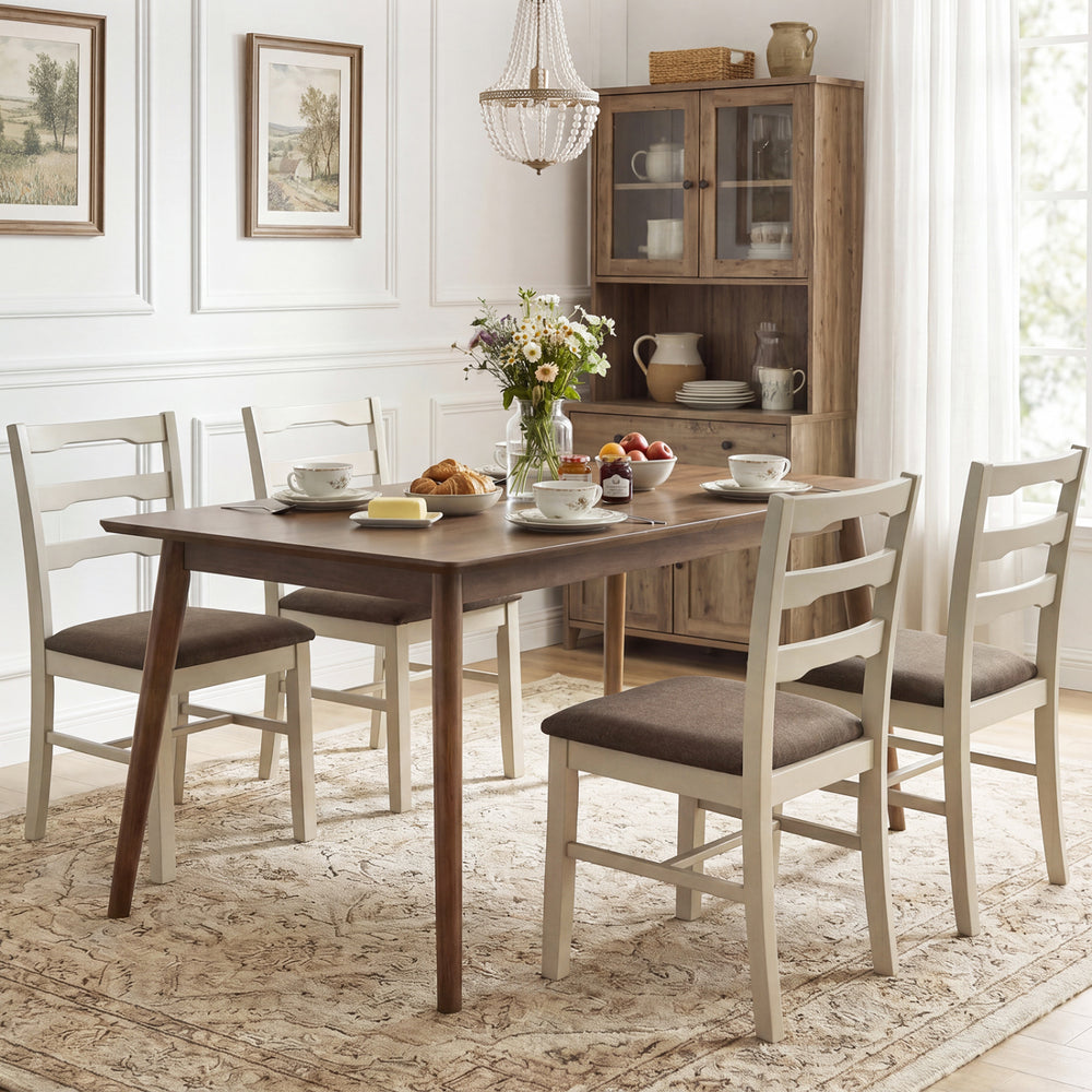 Set of 4 white upholstered dining chairs with wood frames, featuring a modern farmhouse design for versatile dining.
