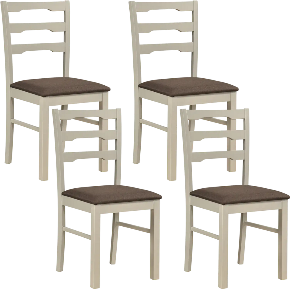 Set of 4 white upholstered dining chairs with ladder back design, featuring linen-style fabric for comfort and.