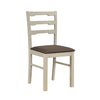 Ladder back dining chair with linen-style upholstery and solid rubber wood frame, perfect for modern farmhouse decor.