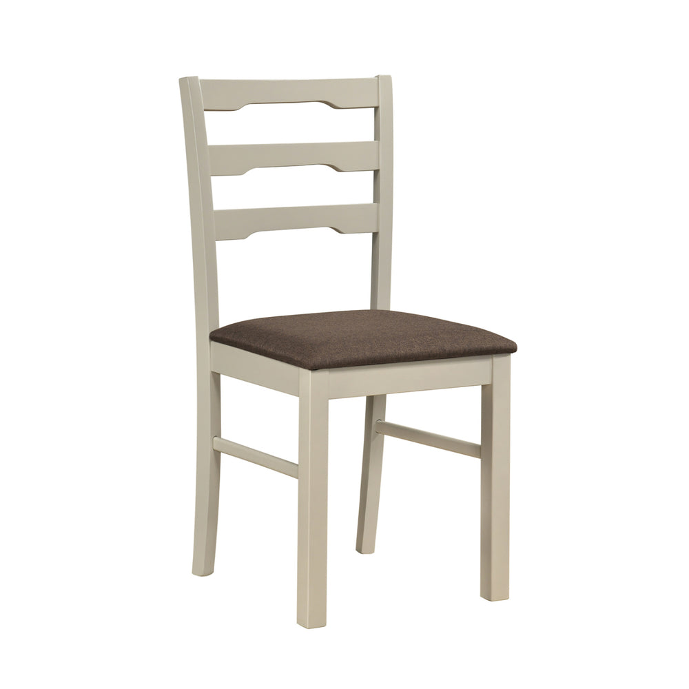 Ladder back dining chair with linen-style upholstery and solid rubber wood frame, perfect for modern farmhouse decor.