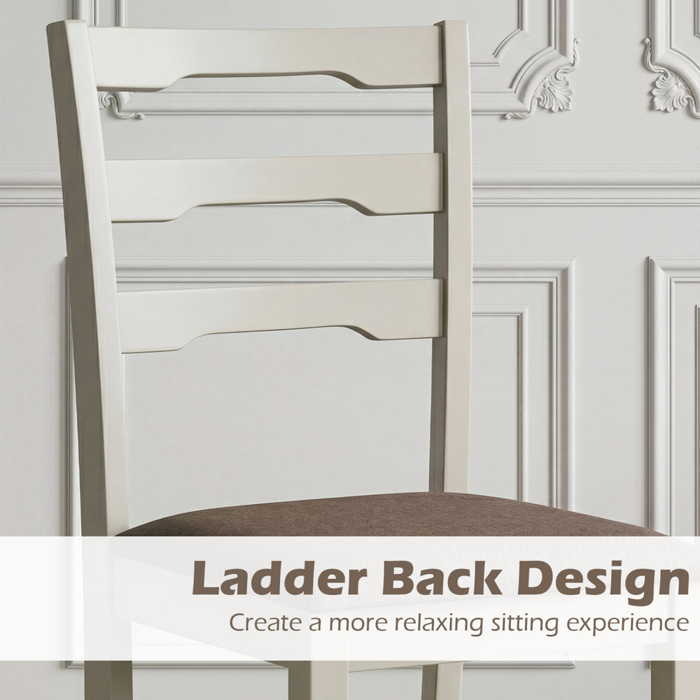 Ladder back dining chair with linen-style upholstery and solid rubber wood frame for modern farmhouse elegance.