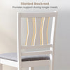 Slatted backrest of a white kitchen chair, offering support for longer meals in a modern farmhouse style.