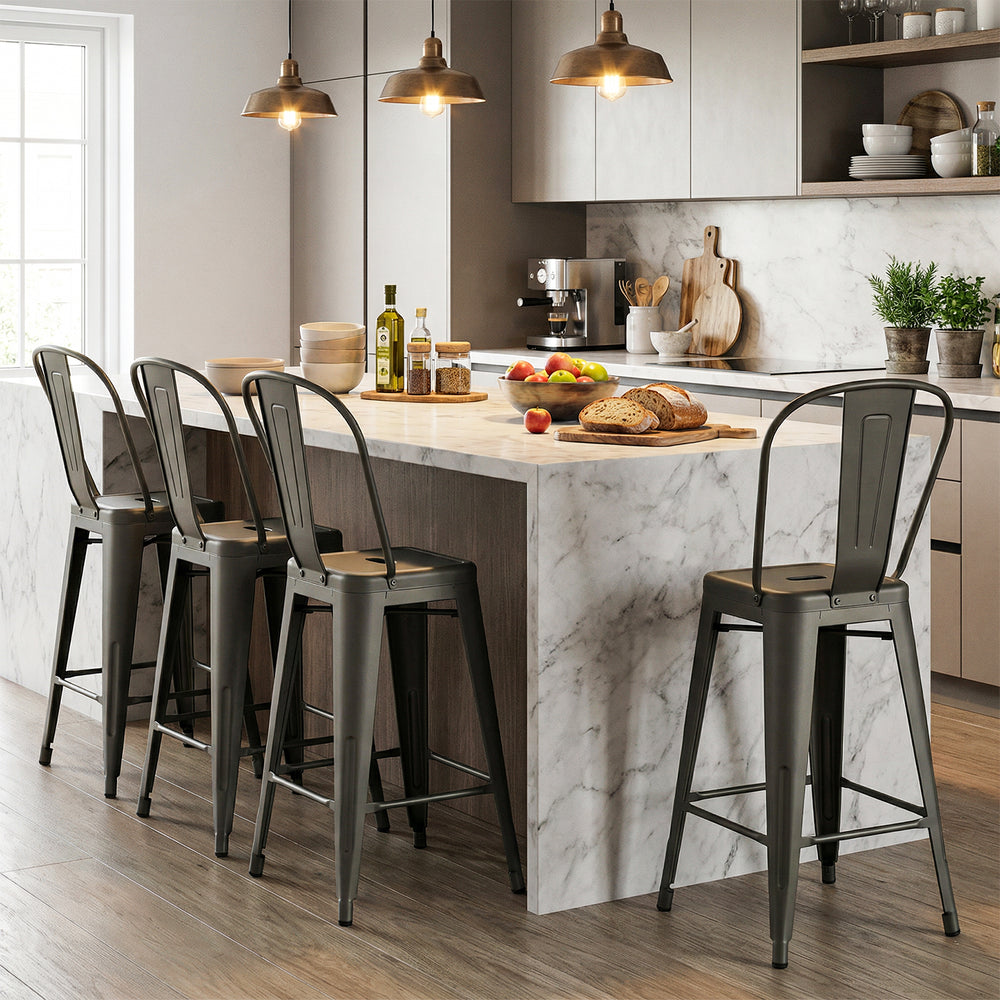 Set of 4 gun metal metal bar stools with backrests, footrests, and stackable design for kitchen island or home bar.