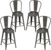 Set of 4 gun metal metal bar stools with backrests, footrests, and stackable design for kitchen or home bar use.