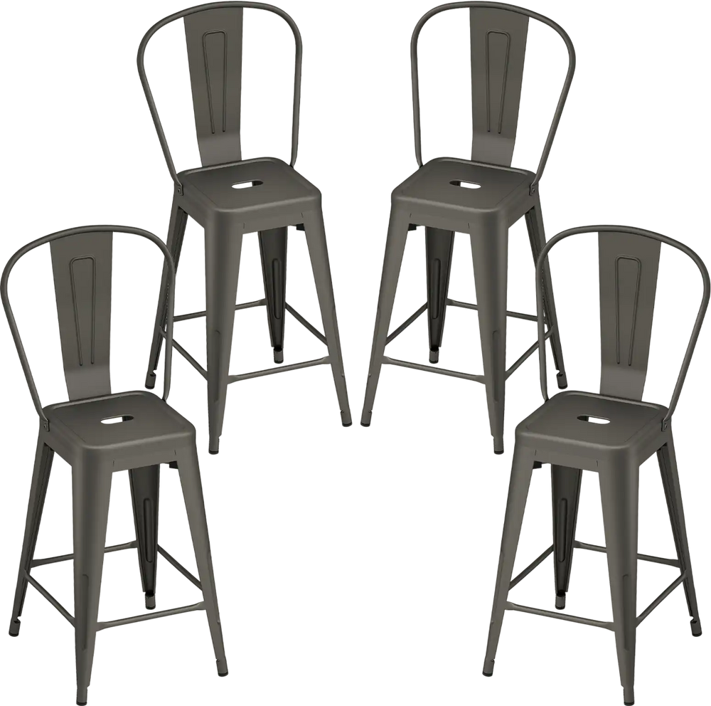 Set of 4 gun metal metal bar stools with backrests, footrests, and stackable design for kitchen or home bar use.