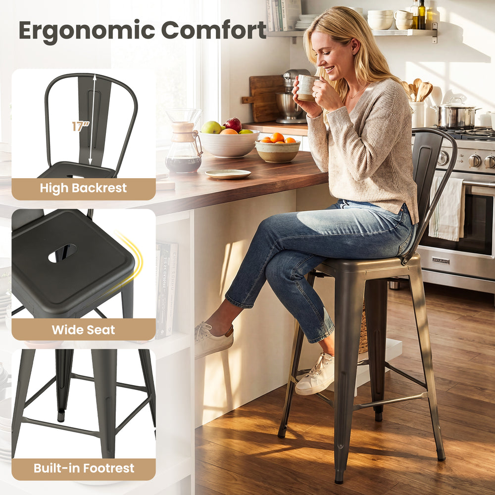 Metal bar stool with high backrest and built-in footrest, offering ergonomic comfort for kitchen islands or home bars.