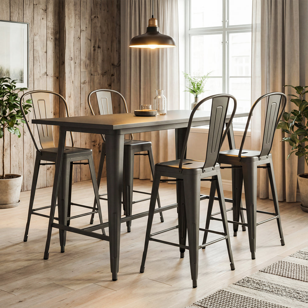 Set of 4 gun metal bar stools with backrests and footrests, ideal for kitchen islands and home bars.