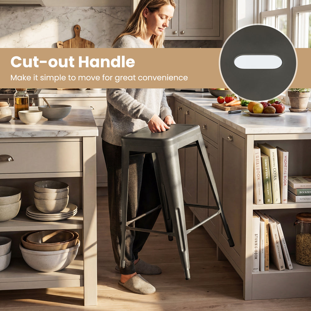 Metal bar stool with backrest and cut-out handle, designed for ergonomic comfort and easy stacking in gun metal finish.